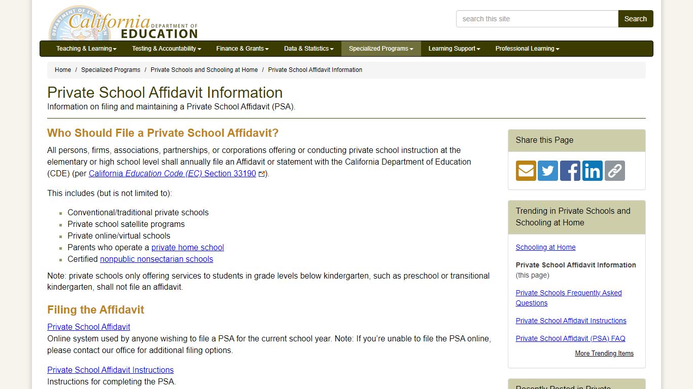 Private School Affidavit Information - Private Schools and Schooling at ...