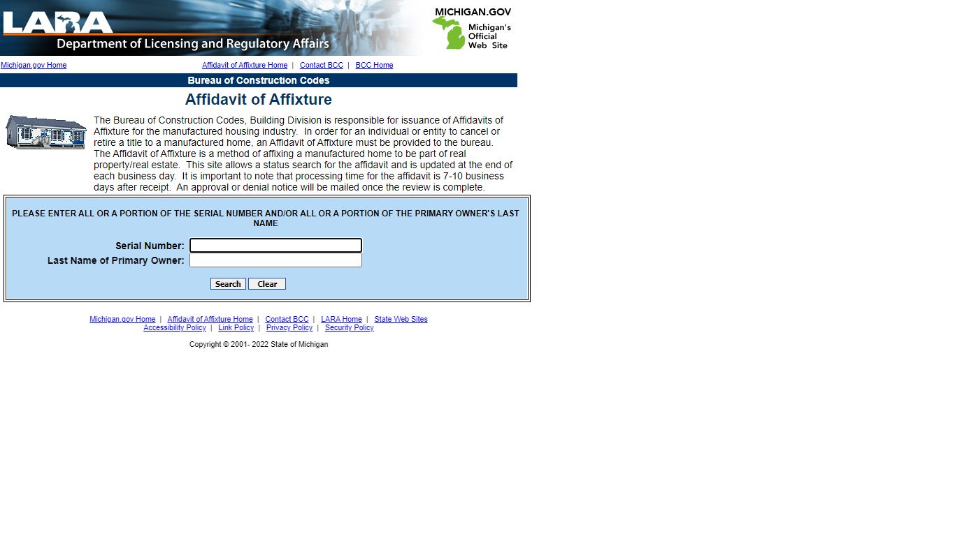 Bureau of Construction Codes (BCC) Affidavit of Affixture Search