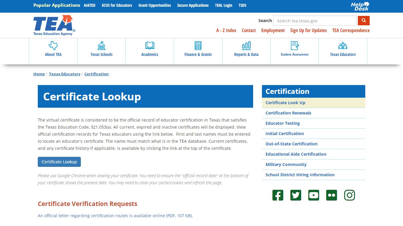 Certificate Lookup | Texas Education Agency