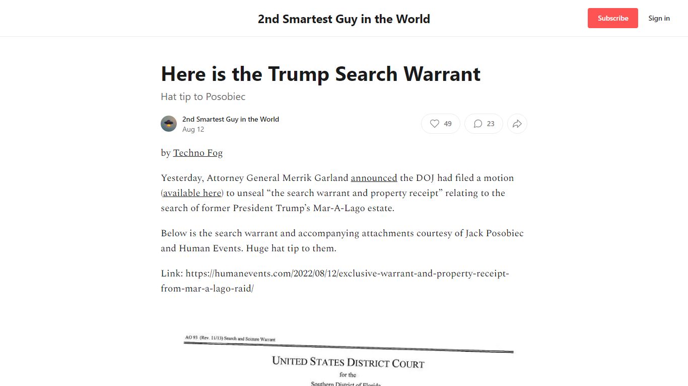 Here is the Trump Search Warrant